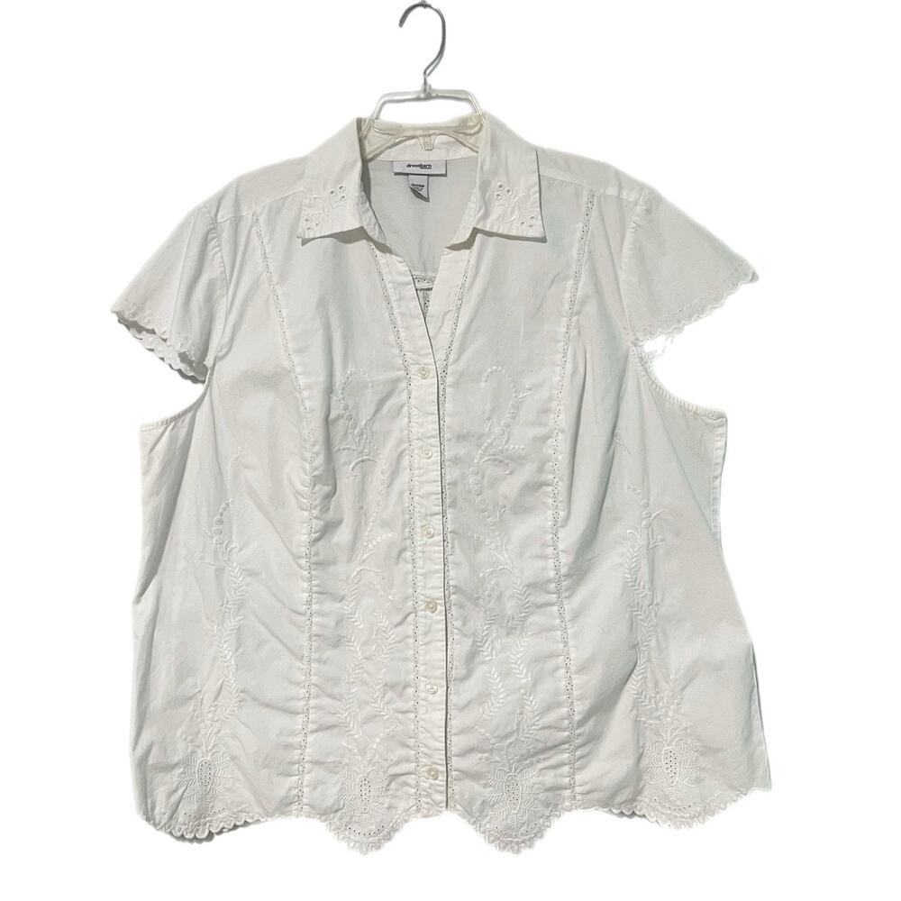 Dressbarn Fully Embroidered Top 22-24W White Button Front Boho Peasant 100% Cott